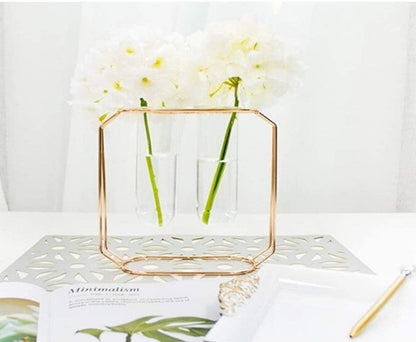 Double Tube Nordic Gold Geometric Vase - Modern Hydroponic Flower Holder
