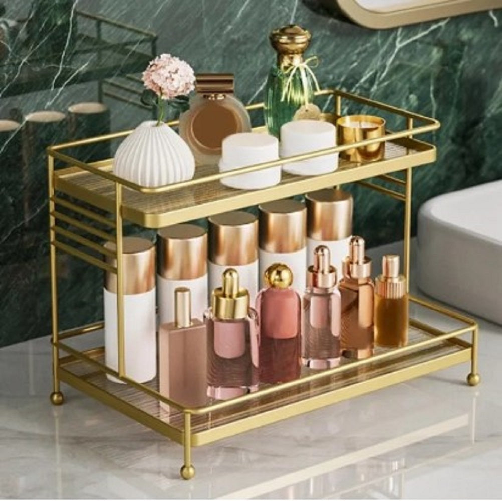 Luxury 3-Tier Gold Display Rack Multipurpose Metal Organizer for Dessert, Makeup Stand Cosmetic Storage Rack Perfume & Cosmetics