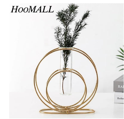 Nordic Gold Circular Geometric Vase – Modern Hydroponic Plant Holder with Glass Tube