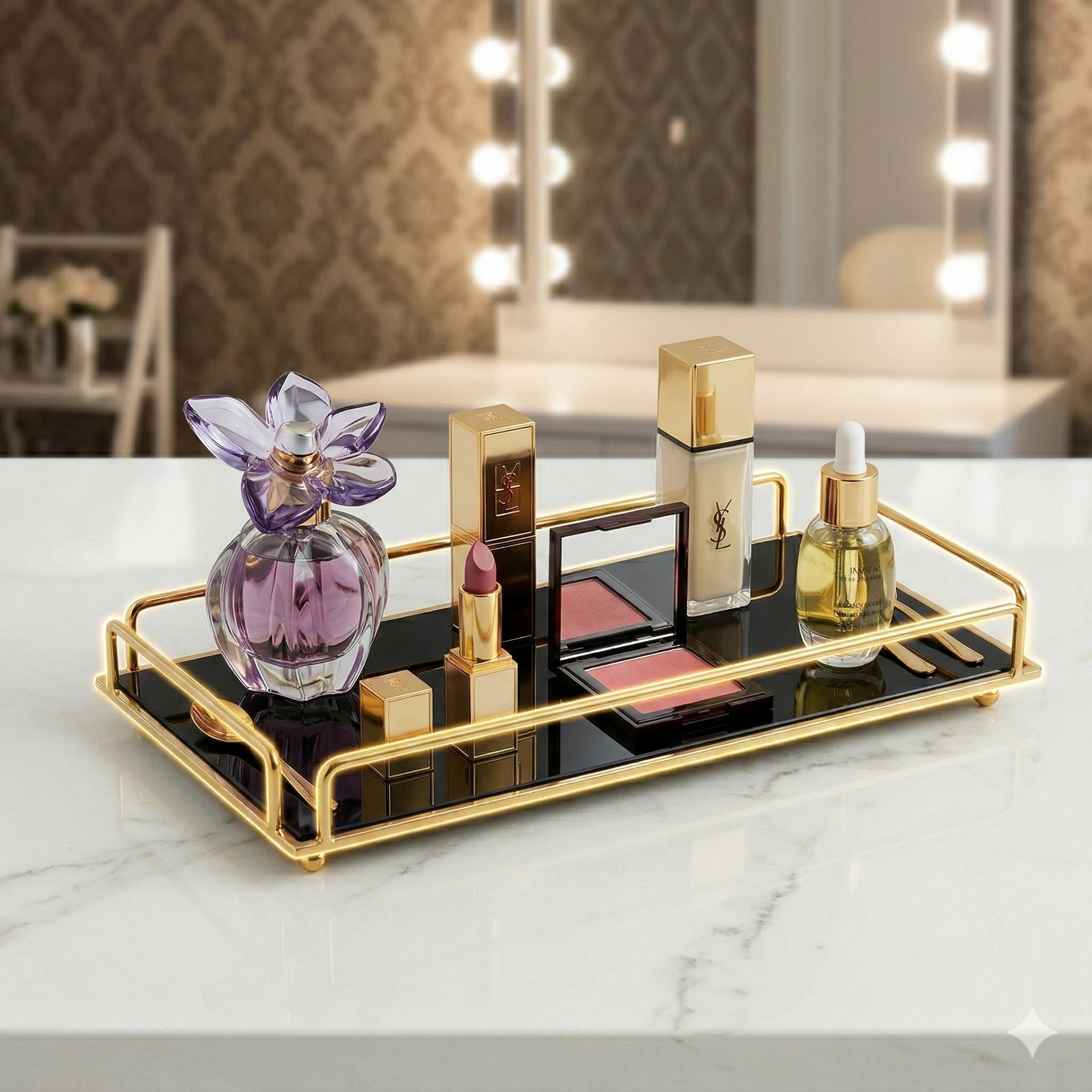 Luxury Golden Vanity Organizer – Sleek Makeup & Perfume Display Tray