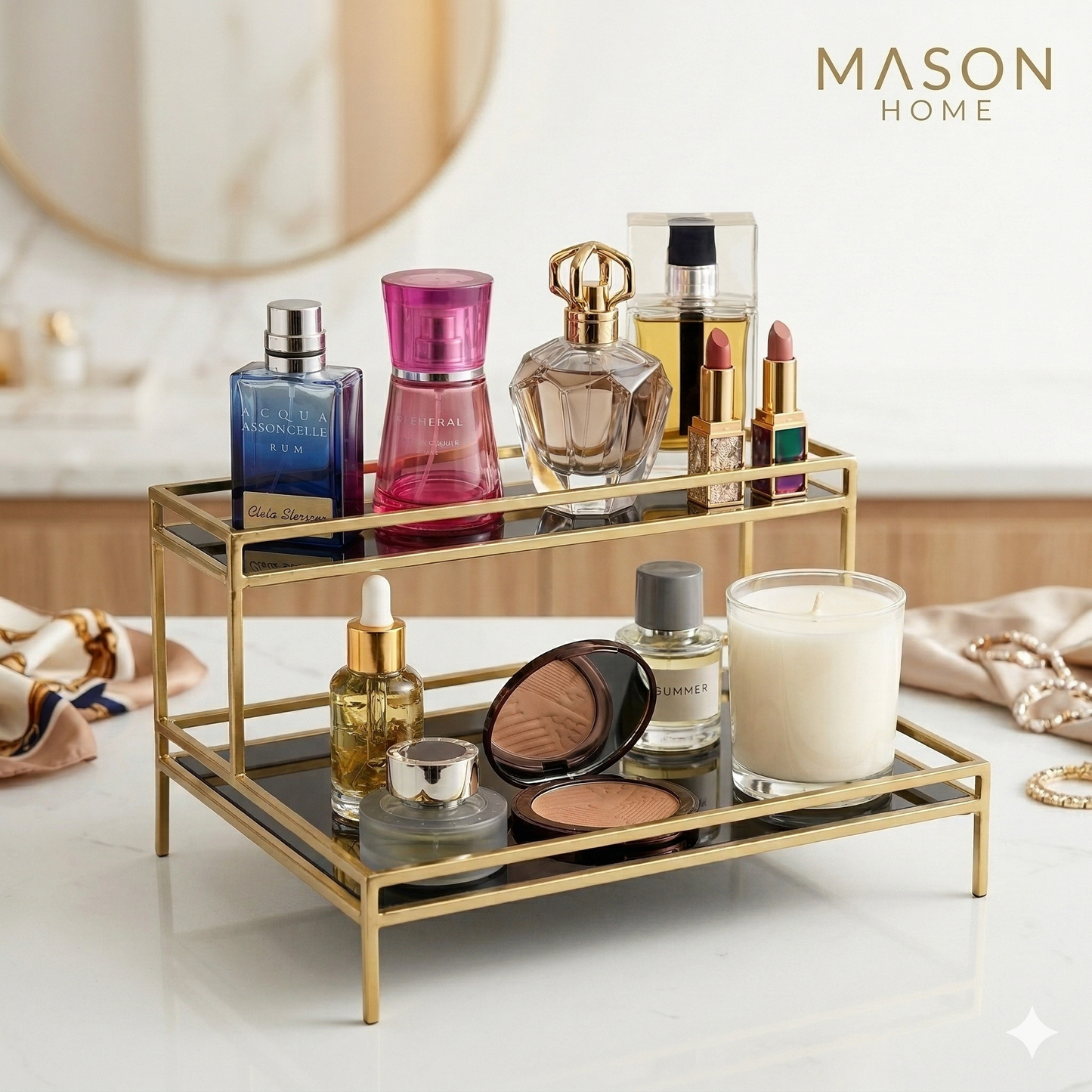 Premium 2-Tier Golden Luxury Organizer – Double-Decker Cosmetic & Perfume Rack