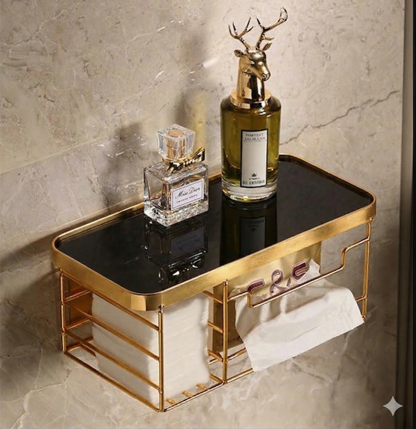 Premium Wall-Mounted Luxury Tissue Box Holder & Cosmetic Shelf – Shiny Gold Metal Frame with Black Acrylic Top – Multi-Purpose Bathroom & Vanity Organizer