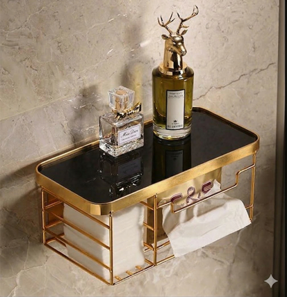 Premium Wall-Mounted Luxury Tissue Box Holder & Cosmetic Shelf – Shiny Gold Metal Frame with Black Acrylic Top – Multi-Purpose Bathroom & Vanity Organizer