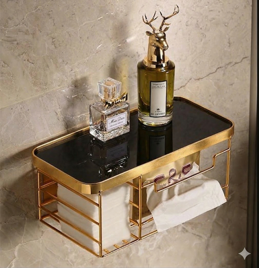 Premium Wall-Mounted Luxury Tissue Box Holder & Cosmetic Shelf – Shiny Gold Metal Frame with Black Acrylic Top – Multi-Purpose Bathroom & Vanity Organizer