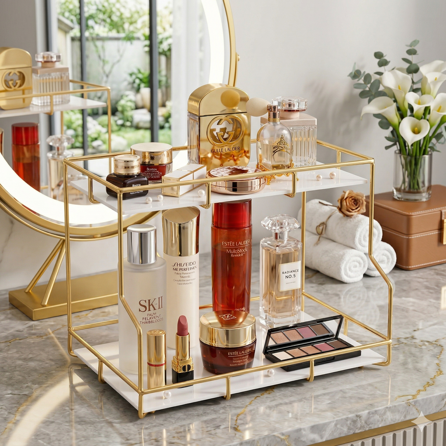 Premium 2-Tier Golden Rectangular Organizer | Luxury Multi-Purpose Metal Rack for Cosmetics, Perfumes & Home Decor Display