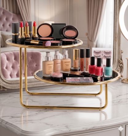 Luxury 2-Tier Offset Golden Cosmetic Organizer – Premium Metal Vanity Display Stand with Elegant White Acrylic Base