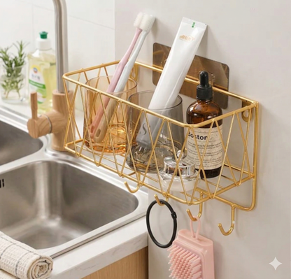 Gold Wall Mounted Bathroom Organizer – Geometric Shelf & Cosmetic Display Stand
