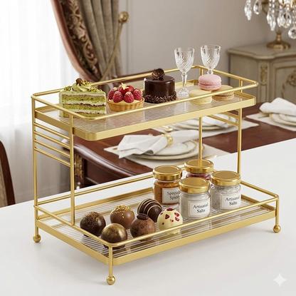 Luxury 2-Tier Gold Display Rack - Multipurpose Metal Organizer for Dessert, Perfume & Cosmetics