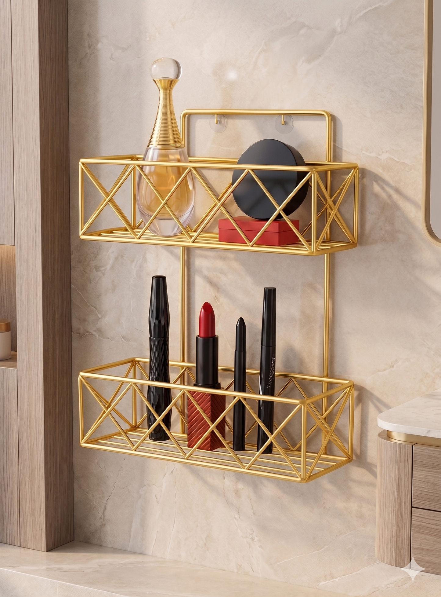 Luxury Golden 2-Tier Wall Mounted Cosmetic Organizer - Premium Makeup Storage Rack for Vanity & Bathroom