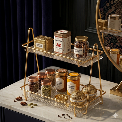 Luxury 2-Tier Gold Display Rack - Multipurpose Metal Organizer for Dessert, Perfume & Cosmetics