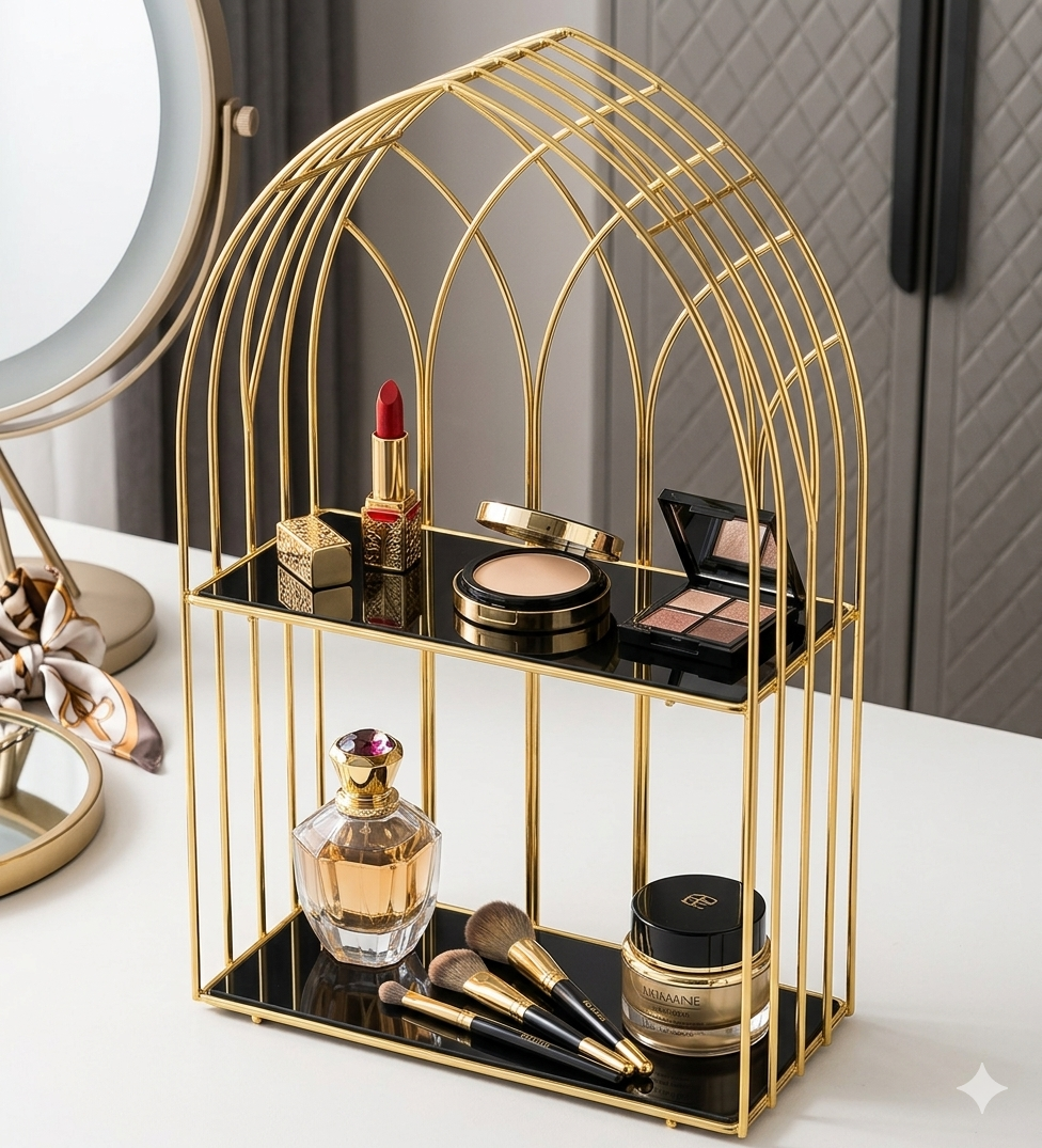 Luxury Gold Arch Cosmetic Organizer – Multi-Tier Makeup Storage Rack & Perfume Display Stand